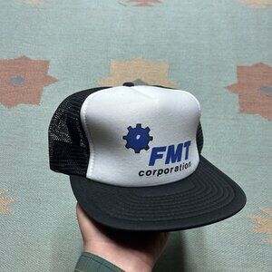 Vintage trucker hat mesh cap FMT corporation black white adjustable snapback